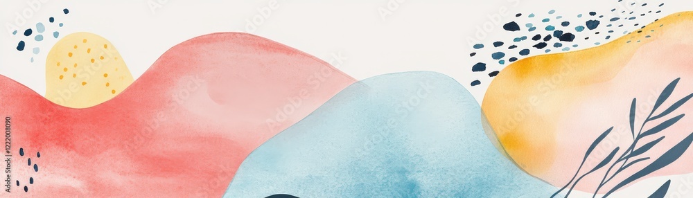 Poster a colorful abstract watercolor design featuring soft waves and organic shapes, complemented by a sun