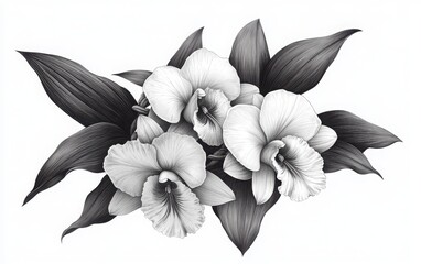 Obraz premium A monochrome vector illustration of a cluster of three orchids, with each flower displaying different petal shapes and orientations, drawn in a vintage wood engraving style using pen and ink