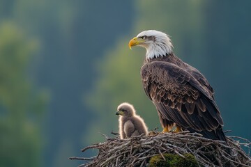 Fototapeta premium Bald eagle and eaglet resting in nest