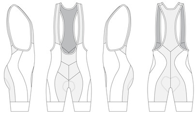 Cycling Bib Short technical CAD fashion illustration front back and side views