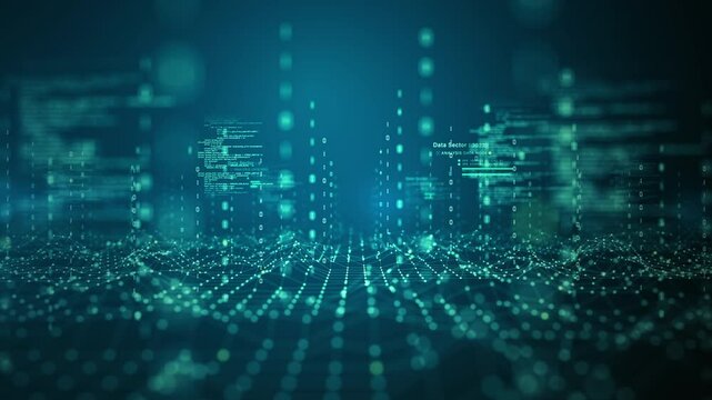 Digital grid with data nodes, lines, and binary code, Technology blockchain network connection, Artificial intelligence, and big data transfer in a futuristic technology concept. motion 4k