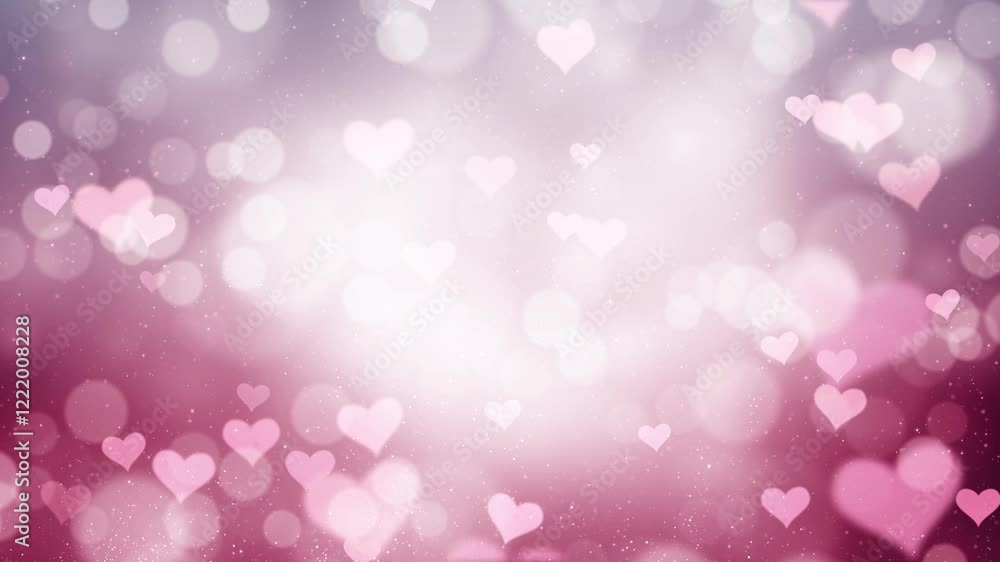 Poster violet red glowing bokeh with hearts loop animation background. valentine's day holidays copy space 