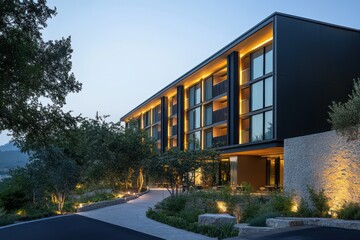 A sleek hotel exterior with sharp architectural lines, glowing accents, and natural landscaping