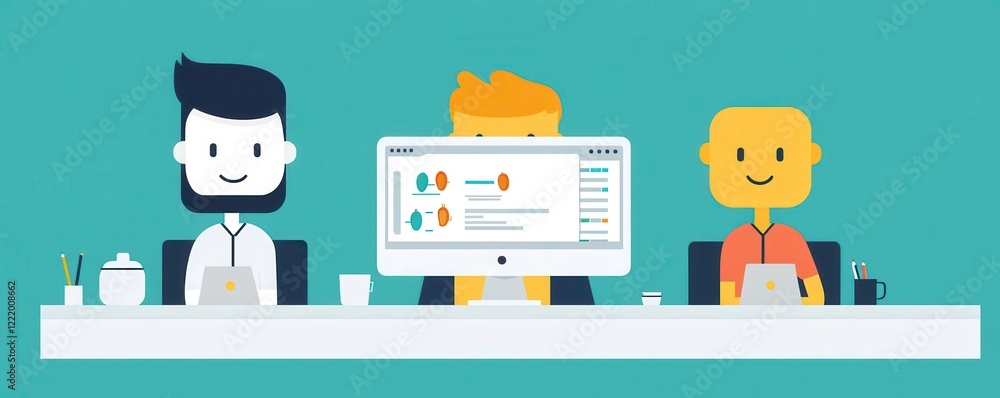 Poster a colorful illustration of three cartoon characters working at a desk with laptops, engaged in a col