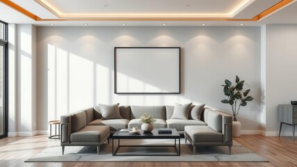 A mockup of a modern living room wall art featuring a sleek and stylish design template, blank canvas, decoration, stylish