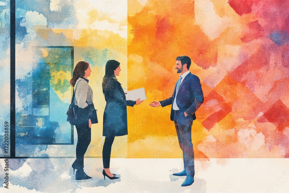 Poster three professionals engage in conversation against a vibrant, abstract background, showcasing collab