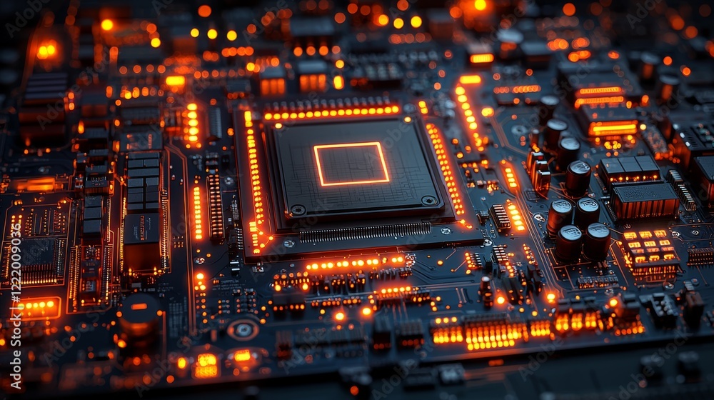 Poster a close-up of a glowing circuit board with orange lights, showcasing intricate electronic components