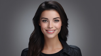 Obraz premium A realistic photo of a smiling young lady, with a joyful expression, starting a new journey or endeavor.