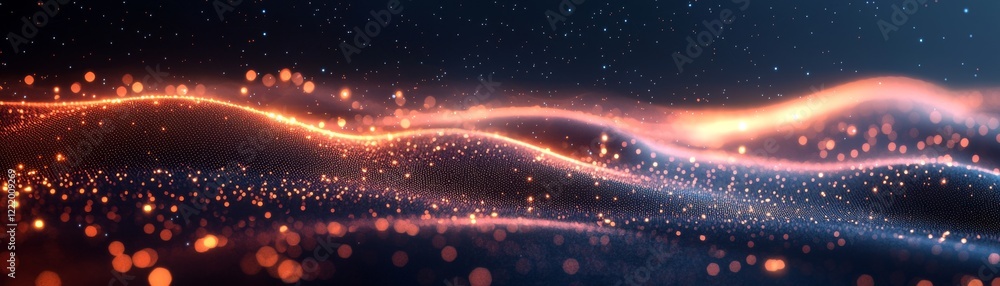 Poster a vibrant abstract image showcasing flowing waves of light and sparkles in warm hues against a dark 