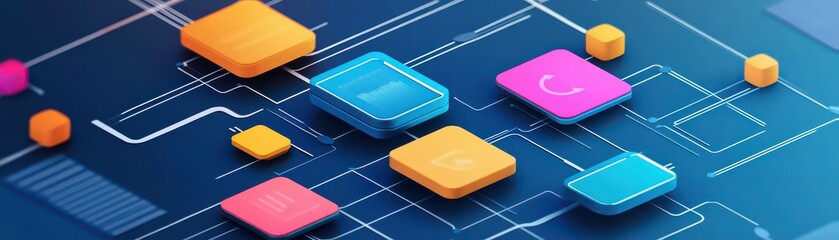 A vibrant abstract design featuring colorful geometric shapes and interconnected lines, symbolizing technology and digital connectivity.