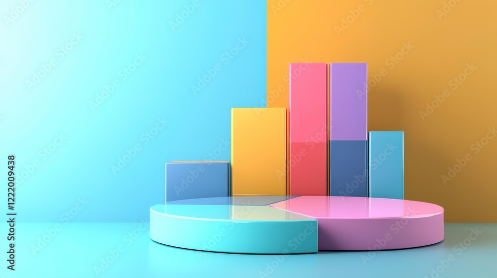 Poster a vibrant 3d graph displaying colorful bars and a pie chart against a bright blue and yellow backdro