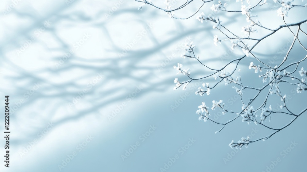 Poster delicate branches with blossoms casting shadows on soft background
