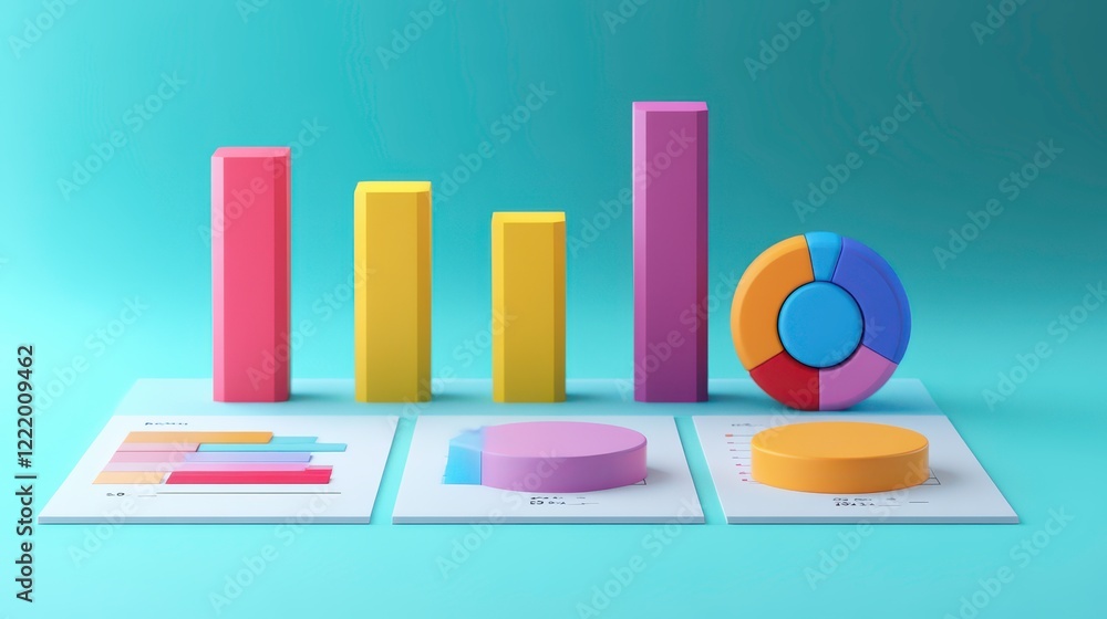 Poster a colorful set of bar and pie charts displayed on a teal background, illustrating data visualization