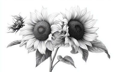 A monochrome vector illustration of sunflowers with delicate, jagged petals and intricate seeds, drawn in a vintage wood engraving style using pen and ink
