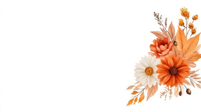 Rustic Autumn Wedding Floral Border with Dahlia and Eucalyptus Leaves in Burnt Orange and Yellow Terracotta Watercolor