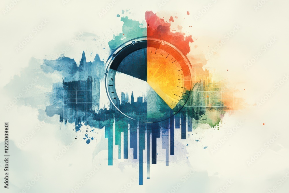 Poster a vibrant, abstract design featuring a circular graph blended with colorful watercolor splashes and 