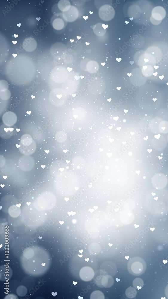 Poster white soft blue glowing circle bokeh with hearts loop vertical copy space background. valentine's da