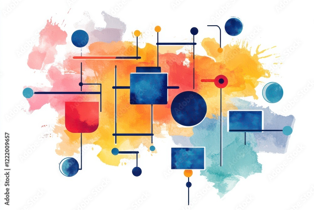 Poster a colorful abstract design featuring geometric shapes and watercolors, creating a visually dynamic c