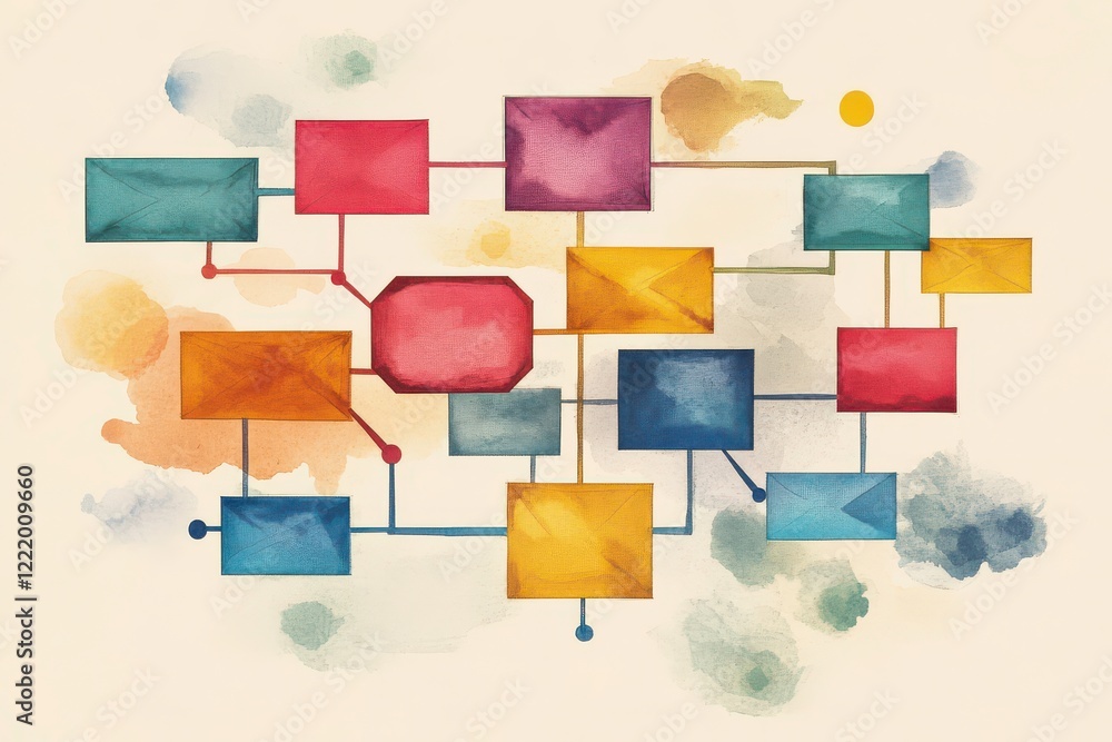 Poster a colorful flowchart with various shapes and connections, set against a soft watercolor background, 