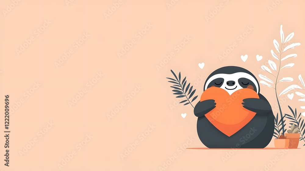 Poster adorable and endearing of a cute smiling sloth tenderly hugging a large heart shaped object in a min