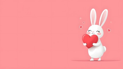 Obraz premium Adorable cartoon bunny character holding a red heart flat design of a cute fluffy white animal with a happy smiling expression Romantic symbol for Valentine s Day greeting card love and concept