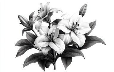 Obraz premium A monochrome vector illustration of three lilies arranged in a triangular formation, each with different lengths of petals and stems
