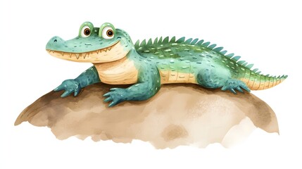 Obraz premium A Happy Cartoon Crocodile Rests on a Rock