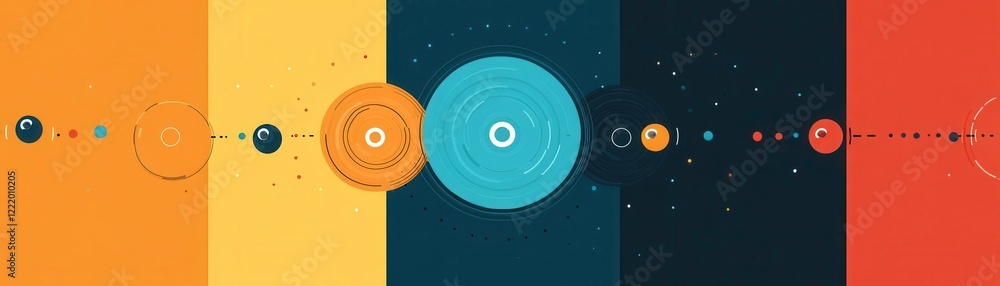 Poster a colorful graphic representation of the solar system, showcasing planets and their orbits in a styl