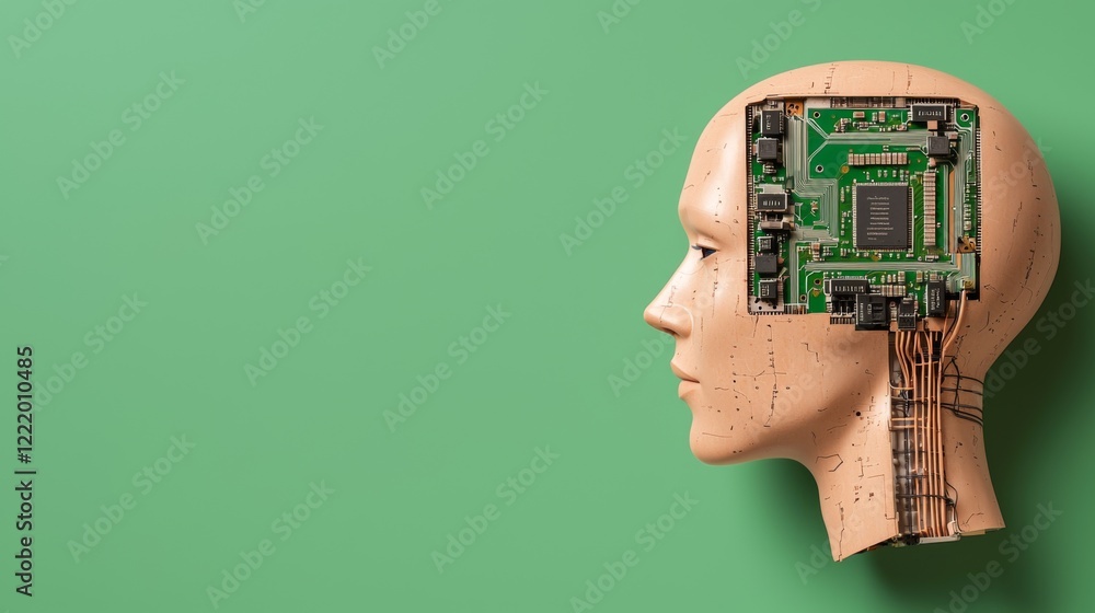 Poster a stylized mannequin head showcases a circuit board embedded in its side, symbolizing the fusion of 