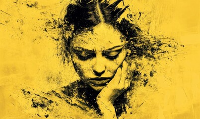 Grunge Female Fear Emotion Abstract Art on Yellow Background with Space for Text and Graphics Depicting Intense Mood, Generative AI