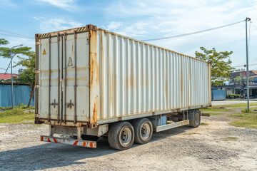 A container truck parked at a rest area along a country road