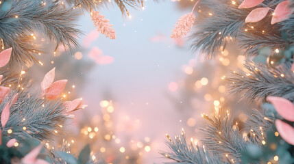 Fototapeta premium A festive winter scene green background with glowing lights surrounded by snowflakes in a cold, snowy sky