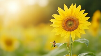 Obraz premium A vibrant sunflower stands tall in a sunlit field, accompanied by a busy bee, symbolizing nature's beauty and pollination.