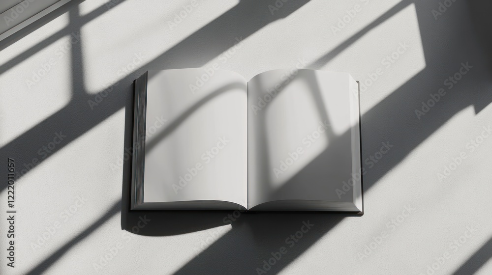 Poster open book on a white surface with window light casting shadows background