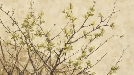 Delicate Green Leaves on Branches Against Soft Beige Background