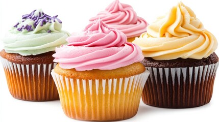 Colorful Homemade Cupcakes with Frosting on White Background
