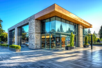A sleek retail building with polished stone walls, large glass windows, and clean geometric lines