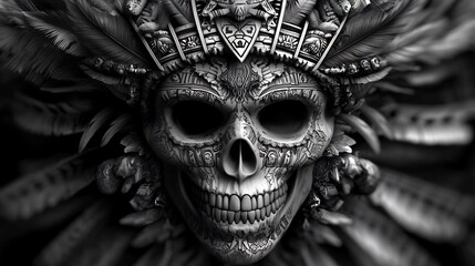 Ornate Skull in Aztec Headdress: A Monochromatic Masterpiece