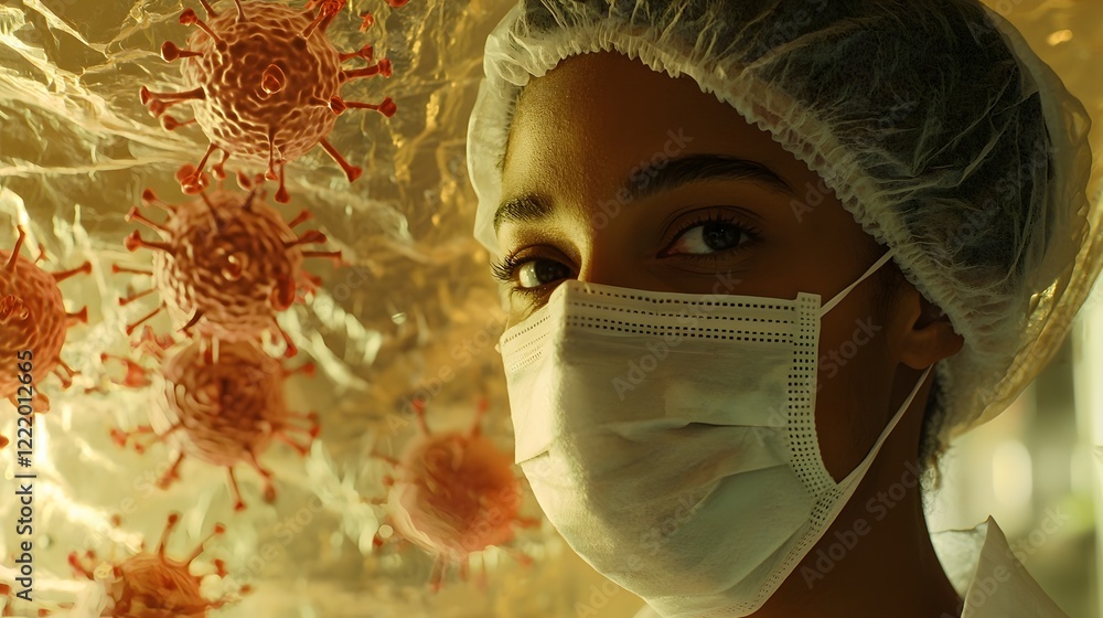 Poster close up portrait of a medical professional wearing a surgical mask with an and abstract graphic pat