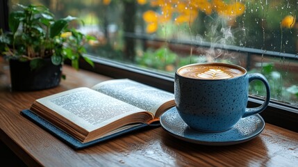Rainy day cafe; coffee, book, window view