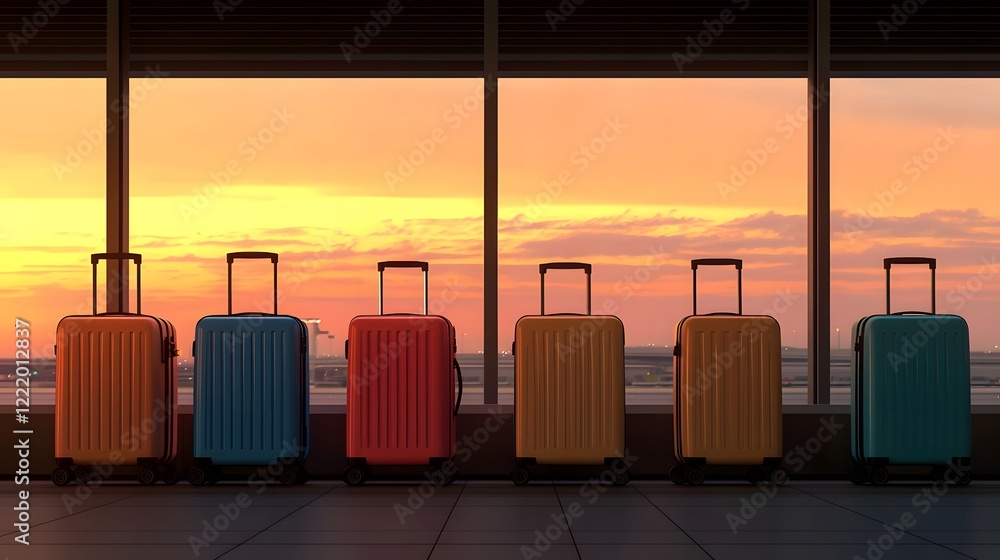 Poster colorful modern suitcases lined up in an airport terminal with the warm glow of a calm sunset visibl