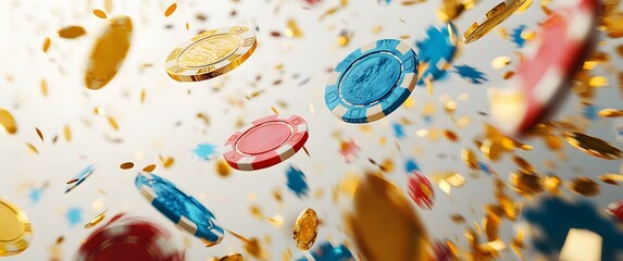 flying casino poker chips, on a white background, generative ai