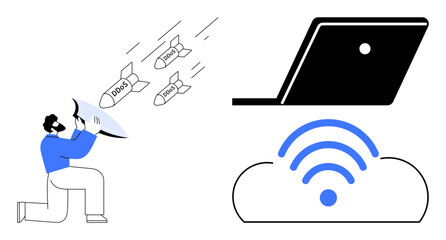 Man with a shield defends against digital threats DDoS, Trojan, Virus aiming at a laptop with cloud and wireless icon. Ideal for cybersecurity, online protection, data safety, network security