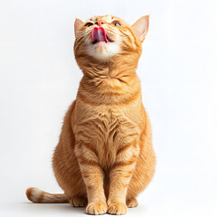 Adorable the orange ginger cat is licking and happy , sitting on white background