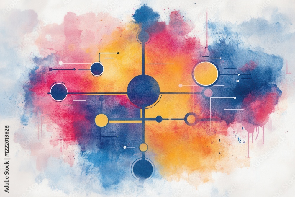 Aufkleber a vibrant abstract watercolor design featuring circles and lines in blue, yellow, and red tones, cre