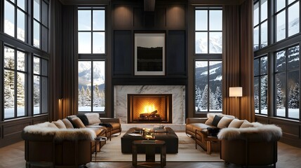 Fototapeta premium Cozy Luxury Lodge Interior with Roaring Fireplace and Plush Fur Lined Chairs for a Warm and Inviting Retreat in the Mountains
