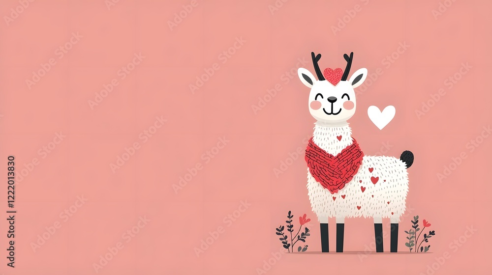 Poster cute and cheerful llama or alpaca character with heart patterned wool in a flat design this image ha
