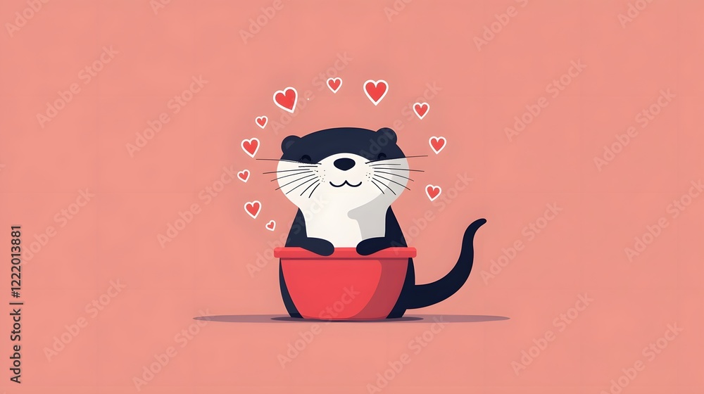 Poster cute and cheerful otter character floating happily in the water surrounded by heart shaped bubbles i