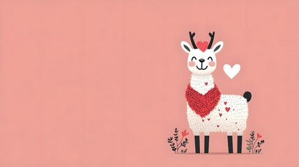 Cute and cheerful llama or alpaca character with heart patterned wool in a flat design This image has a space for adding text and can be used as a background mascot