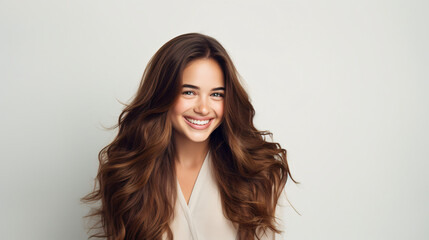 Fototapeta premium A portrait of a European woman with long light brown hair, styled beautifully in a salon.